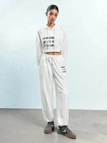 Maija Women's White Early Spring Elastic Waist Front Tie Slant Pockets Letter Print Casual Pants, Fashion Minimalist Style,Festival