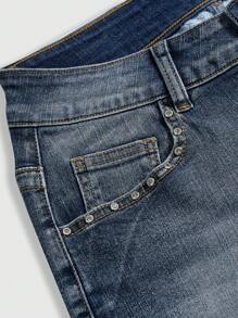 ROMWE Grunge Punk Y2K Ultra Super Low Waist Mini Denim Shorts With Sexy Back Wing Embroidery & Rhinestone Decor, Midriff-Baring - Blue - View 3