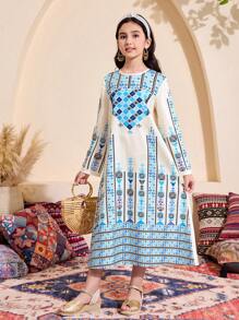 Tween Girl Floral Print Dress & Outfit Sets, Blue Placement Flowers, Summer Holiday Boho Style,Holiday,Summer,Travel - Blue - View 4