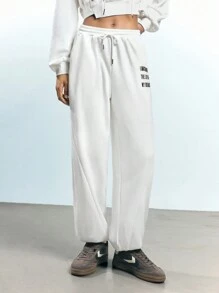 Maija Women's White Early Spring Elastic Waist Front Tie Slant Pockets Letter Print Casual Pants, Fashion Minimalist Style,Festival