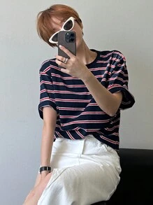 DAZY 女士宽松条纹短袖圆领休闲T恤超大码T恤 - 藏蓝色 - 查看 7