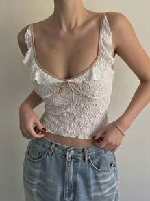 Strévra Women's Contrast Splice Front Tie Sleeveless Minimalist Casual Crop Top,Ruffle