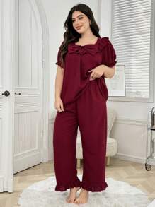 Plus Size Loose Bowknot Decor Ruffle Trim Casual Top & Pants Pajama Set, Outfits - Red - View 4