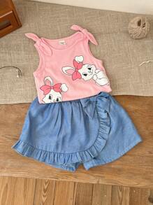 Baby Girl Cute Casual Summer Cartoon Rabbit Easter Graphic Pink Top With Ruffle Hem Shorts Set - Pink - View 7