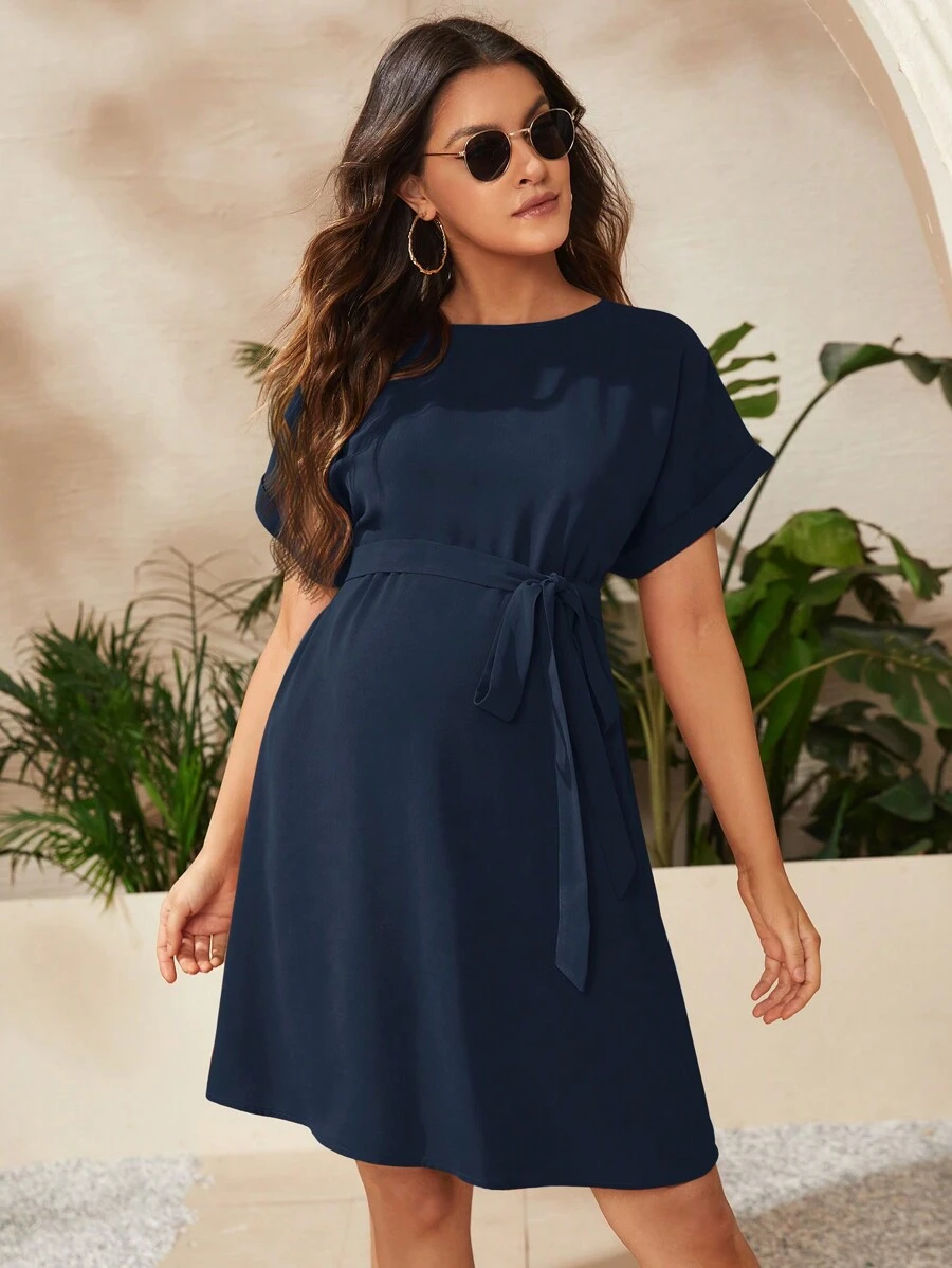 SHEIN Váy bầu tay cánh dơi màu trơn đơn giản cho bà bầu đi nghỉ - Màu xanh hải quân - Xem 1
