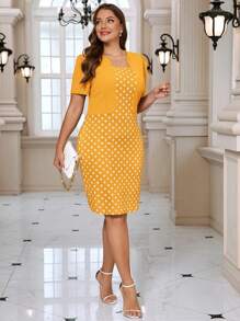 SHEIN Clasi Plus Size Solid Color Block Short Sleeve Casual Slim Fit Mini Dress - Yellow - View 4