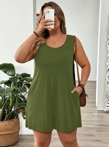 EMERY ROSE Macacão Plus Size sem mangas casual cor sólida - Verde de Exercício - Ver 5