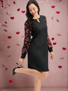 EMERY ROSE 女式拼接长袖雪纺花卉休闲吊带裙 - 彩色 - 查看 1