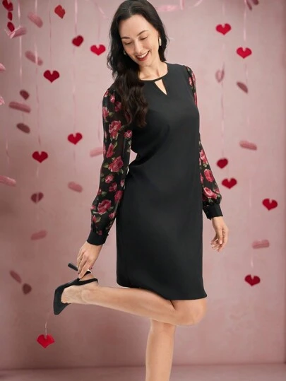 EMERY ROSE 女式拼接长袖雪纺花卉休闲吊带裙