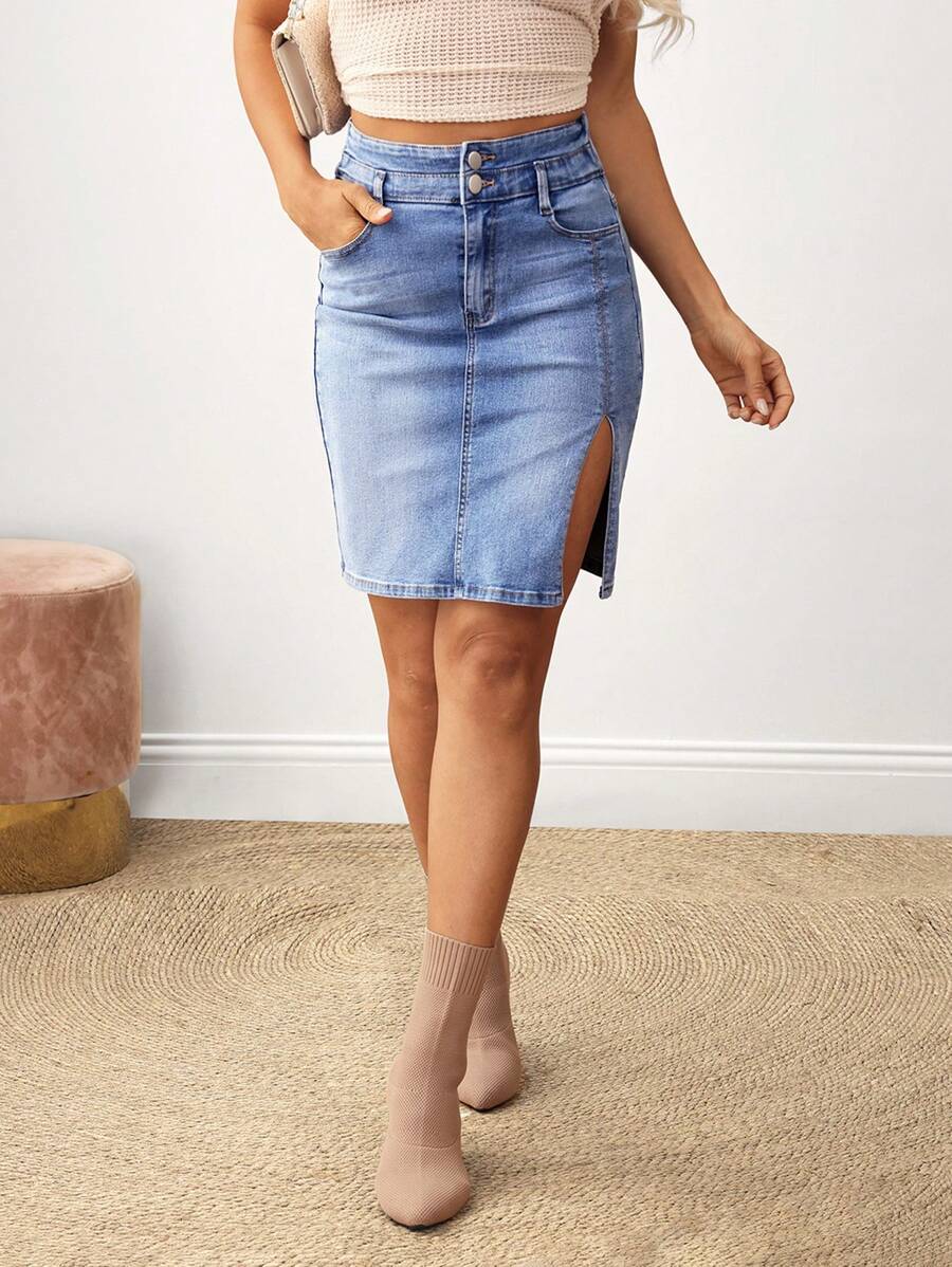 SHEIN LUNE 女式前扣口袋开衩休闲牛仔半身裙 - 藍色 - 查看 1