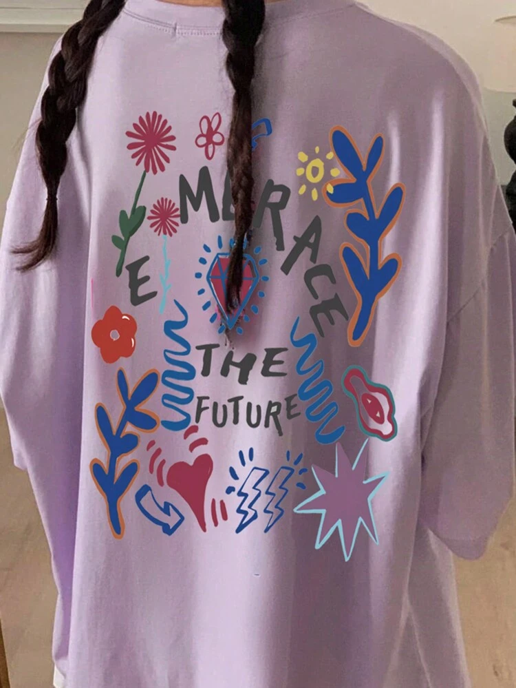 Women's Colorful Letter Printed Loose Fit Crew Neck Short Sleeve Purple T-Shirt, Spring, Summer Cute Top, Graphic Tee, Teacher Preppy Top Vacation