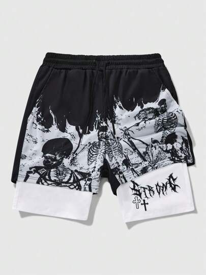 Goth Men's 2 In 1 Skeleton Print Sports Basketball Shorts, Spring/Summer