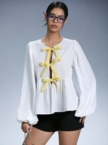 GENKIRA Blusa de mujer con bloques de color, rayas, lazo y volantes en el dobladillo con mangas abullonadas - Blanco - Ver 5