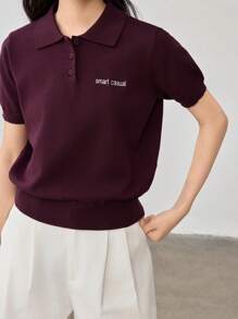 Dazy-Less Women's Casual Embroidered Letter Short Sleeve Knitted Sweater Top, Business Casual,Back To School Clothes,Teacher Outfits - Red - View 6