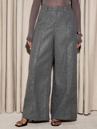 AiiRZ Luxury Wide Leg Wool Blend Trousers Classic High Rise Dress Pants Professional Office Wear Fall Winter Palazzo Style Elegant Evening Formal Pants