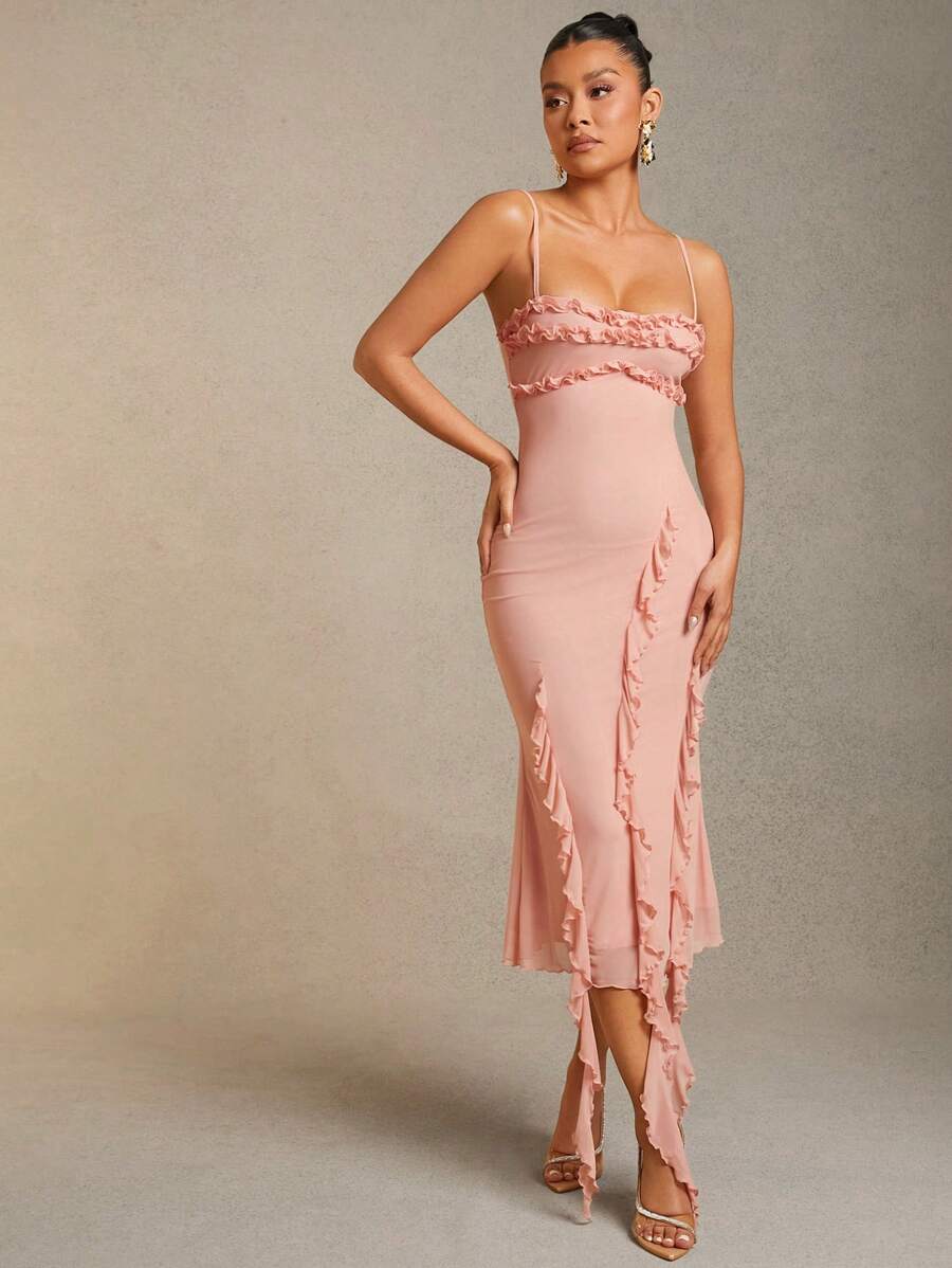 Vestido sexy maxi de chiffon con tirantes finos y detalles de volantes recortados Piscina Tallas Grandes