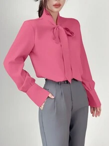 SHEIN LUNE Blusa elegante de manga larga con cuello de corbata de unicolor para mujer - Rosa Fucsia - Ver 3