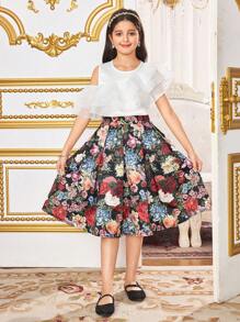 SHEIN Leap Crew Tween Girl Attached Round Neck Ruffle Hem Cute Top And A-Line Skirt 2 Pieces Set - White - View 10