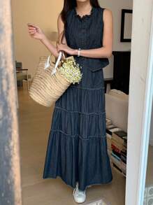 DAZY Women's Front Button Sleeveless Simple Vest And Wide-Leg Jeans Set - Dark Wash - View 2