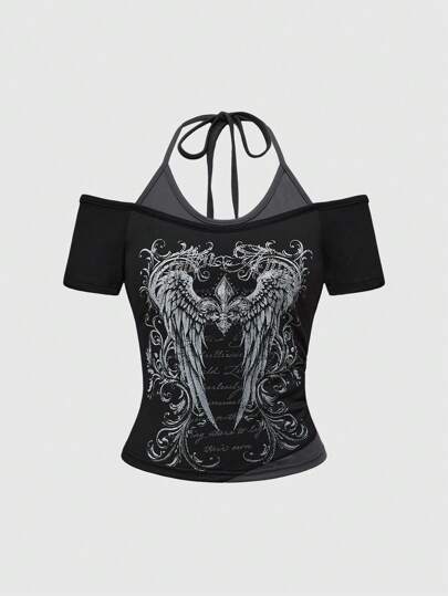 Grunge Punk تي شيرت نسائي ضيق بألوان متباينة وبنمط أجنحة العنقود مرصع بالراين ، بدون أكمام