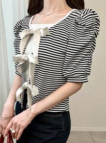 FRIFUL Damen Kurzarm Lässig gestreiftes Binden Figurbetontes T-Shirt Süße Oberteile - Schwarz und Weiss - Übersicht 5