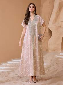 Al Najma Vestido de señora elegante y lujoso con parches de jacquard, lentejuelas bordadas y diseño holgado, vestidos árabes, modesto