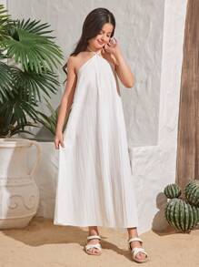 SHEIN Ensemble adolecente décontracté et de manteau sans manches à franges et robe bustier sans manches pour vacances - Beige - Voir 3