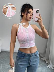 SHEIN Unity قمصان عنق طاقم بلا أكمام بلون متباين بأسلوب فرنسي جديد رقيق وحلو للنساء، مناسبة للربيع/الصيف - وردي - مشاهدة 3