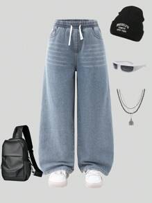 Denimly Teen Boys Vintage Casual Daily Urban Street Chic All Year Must Have Multipocket Wide Leg Jeans With Distressed Wash, Elastic Waistband And Adjustable Drawstring - Medium Wash - View 4