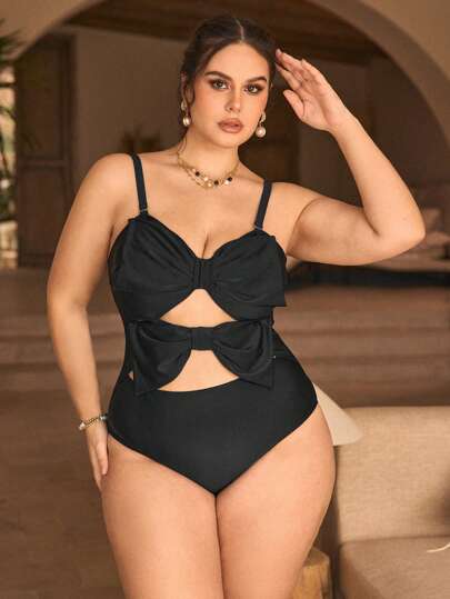 Swim Chiccia Plus Size Women Hollow Bow Decor One-Piece Swimsuit, Suitable For Holiday Party, For Summer Beach Vacation
