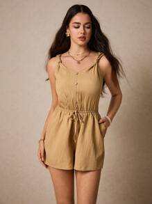 SHEIN Frenchy 夏季休闲宽松短款连体裤，前腰纽扣连体裤