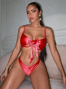 Swim SXY Bộ đồ bơi bikini dây mảnh màu trơn cho nữ, dành cho kỳ nghỉ hè ở bãi biển - Đỏ - Xem 1