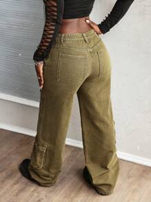 SHEIN Slayr Women's Utility Pocket Low Waist Straight Leg Jeans - Olive Green - View 2