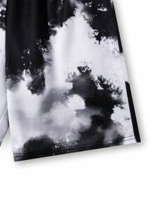 SHEIN 2pcs Set Teen Boy's Face Graphic Color Block Short Sleeve T-Shirt And Shorts Set, Friends;Spring Wear; Teen Boys' Clothing; Teen Boy' Jackets, Spring Back To School - Black and White - View 8