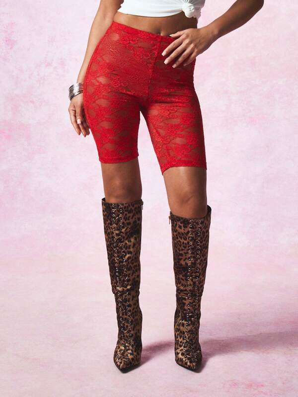 SUMWON WOMEN Shorts de ciclista con cintura alta de encaje floral, malla para festival, concierto, fiesta, baile, transparentes, para verano y primavera