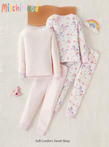 4pcs/Set Girls Casual Purple Unicorn Print Embroidered Long Sleeve Top And Tight Fit Pants Homewear Set, Snug Fit - Mauve Purple - View 2