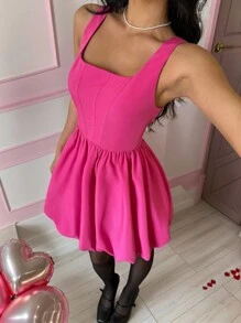 SHEIN Essnce 女士夏季玫瑰红色纯色粉色迷你连衣裙 - 束身胸衣泡泡下摆连衣裙浆果无袖束腰郁金香下摆短裙适合外出情人节中国新年服装 - 玫紅色 - 查看 3