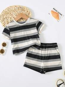 2 pièces Ensemble pull court à manches courtes à col rond et short taille élastique pour bébé garçon, à rayures, en tricot doux - Noir et Blanc - Voir 3