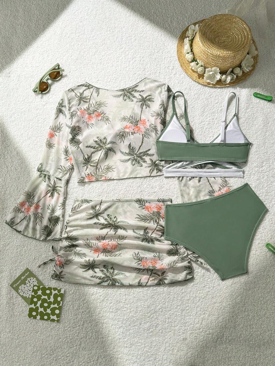 SHEIN Bikini con estampado floral tropical para niñas preadolescentes (El estampado puede variar) - Verde - Ver 1