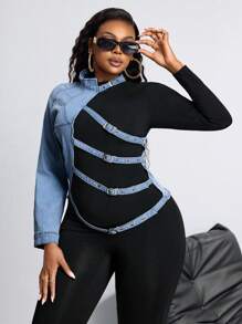 SHEIN CURVE+ Plus Size Women's Asymmetrical Button-Up Denim Jacket, Fashion Casual Outerwear - Blue - View 6