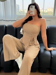 SHEIN EZwear Set de 2 piezas talla grande: Camiseta de tirantes sin mangas con estampado texturizado y pantalón de pierna ancha, casual para primavera/verano