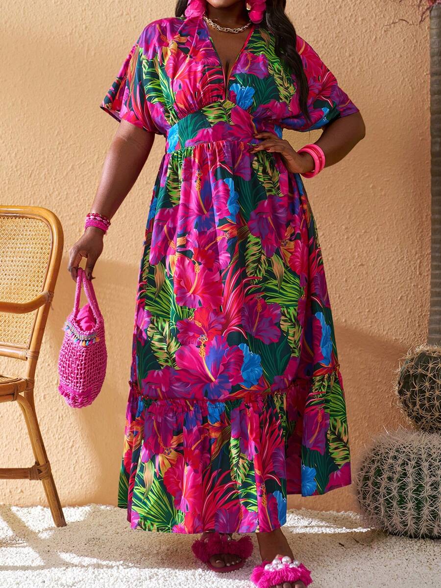 Slaydiva 2025 Summer&Beach New Plus Size Women V-Neck Floral Print Short Sleeve A-Line Maxi Dress, Vacation & Sexy & Elegant Spring/Summer Resort Dresses For Women Tropical Dress Women Plus Size Summer Dress Plus Size Vacation Dresses Hawaiian Dress For Women - Multicolor - View 1