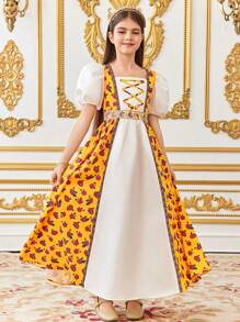 SHEIN Tween Girls' Vacation Style Rose Retro Print 2 In 1 Puff Sleeve Princess Dress - Multicolor - View 5