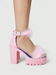 ROMWE Kawaii 女式粗跟露趾毛茸茸凉鞋，性感带扣厚底哥特/朋克风格高跟鞋，适合夏季 - 粉色 - 查看 1