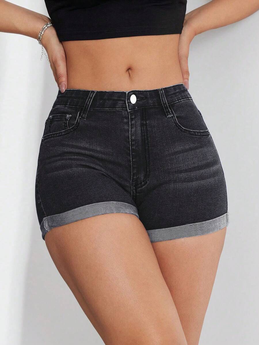 SHEIN EZwear Pantalones cortos vaqueros ajustados de corte casual con puños - Gris - Ver 1