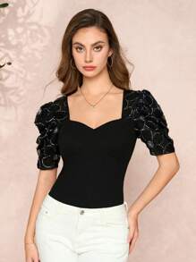 SHEIN Clasi 女士亮片花卉印花泡泡袖短款上衣 - 黑色 - 查看 6