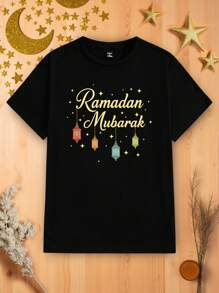 SHEIN LUNE Tricou de damă cu mânecă scurtă, cu model de lună, slăbit, cu gât rotund, potrivit pentru vară - Negru - Vizualizare 2