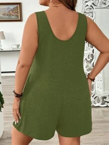 EMERY ROSE Macacão Plus Size sem mangas casual cor sólida - Verde de Exercício - Ver 2