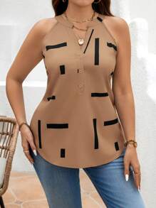 SHEIN LUNE Plus Size Dames Zomer Mouwloos V-hals Half Knoop Geo Print Blouse