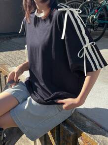 FRIFUL Women's Black Loose T-Shirt With Contrast Bow Tied Collar, Sweet Style, Summer
